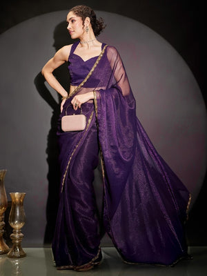 Purple Shimmer Solid Saree with Delicate Border Detailing - Image 1