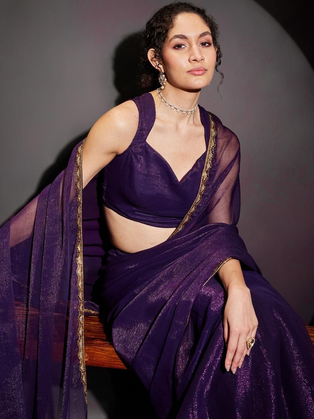 Purple Shimmer Solid Saree with Delicate Border Detailing - Image 5