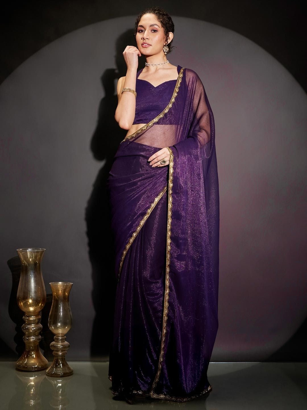 Purple Shimmer Solid Saree with Delicate Border Detailing - Image 3