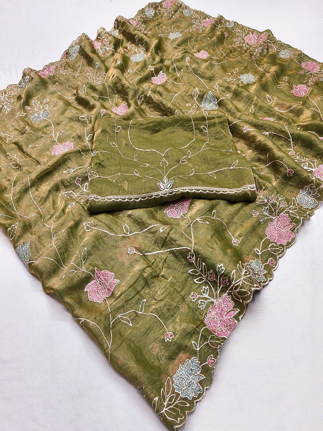 Green Shimmer Saree with Floral Embroidery and Fine Thread Detailing - Image 2
