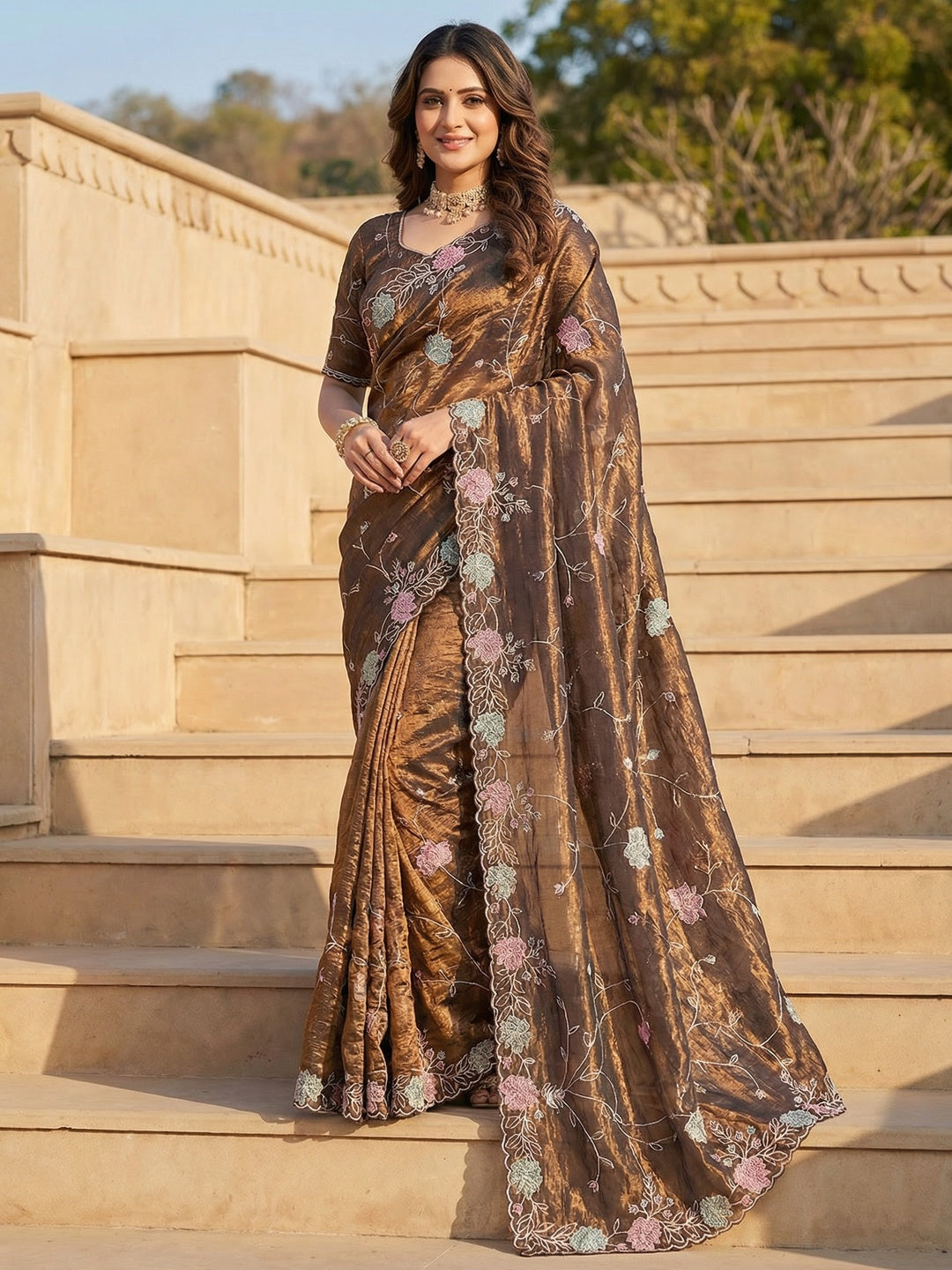 Brown Shimmer Saree with Floral Embroidery and Fine Thread Detailing - Image 1