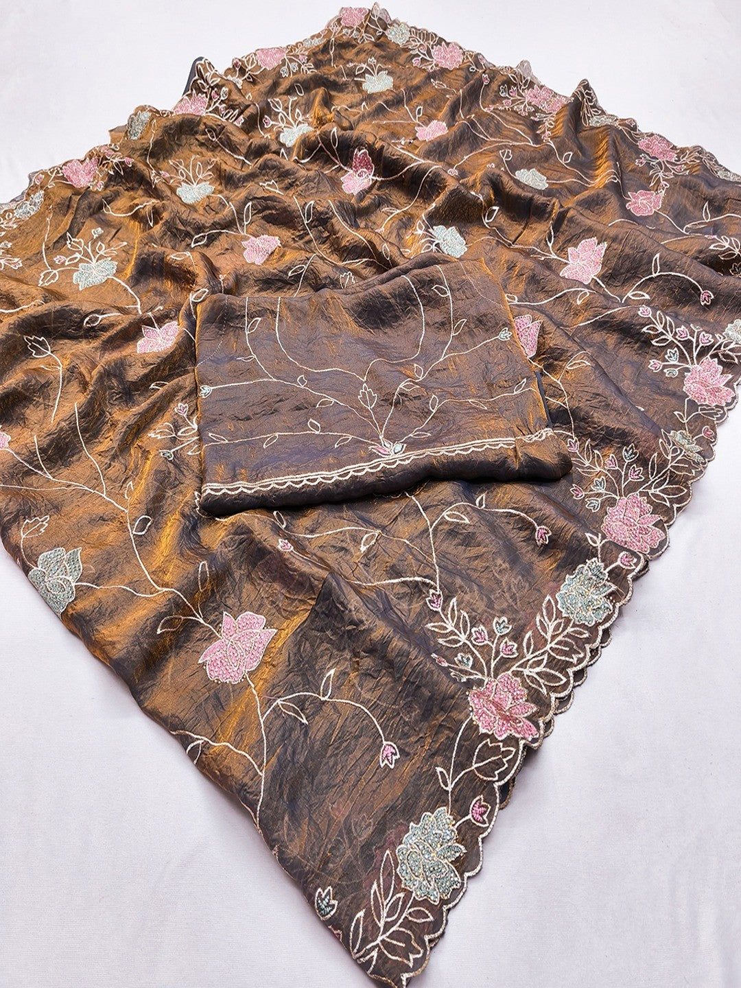 Brown Shimmer Saree with Floral Embroidery and Fine Thread Detailing - Image 2