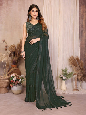 Elegant Green Zari Striped Weaving Georgette Saree Highlighted With Tassel Pallu - Image 1