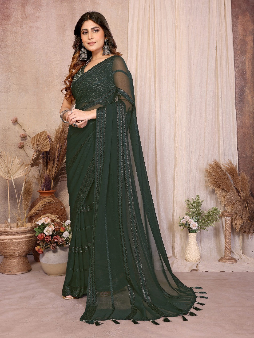 Elegant Green Zari Striped Weaving Georgette Saree Highlighted With Tassel Pallu - Image 3