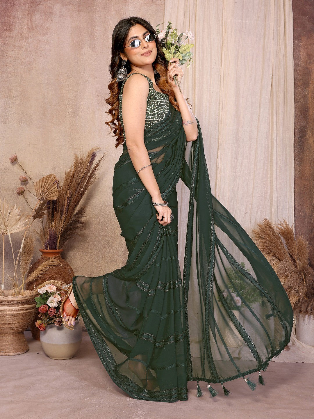 Elegant Green Zari Striped Weaving Georgette Saree Highlighted With Tassel Pallu - Image 3