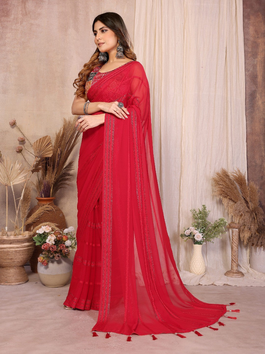Elegant Red Zari Striped Weaving Georgette Saree Highlighted With Tassel Pallu - Image 5