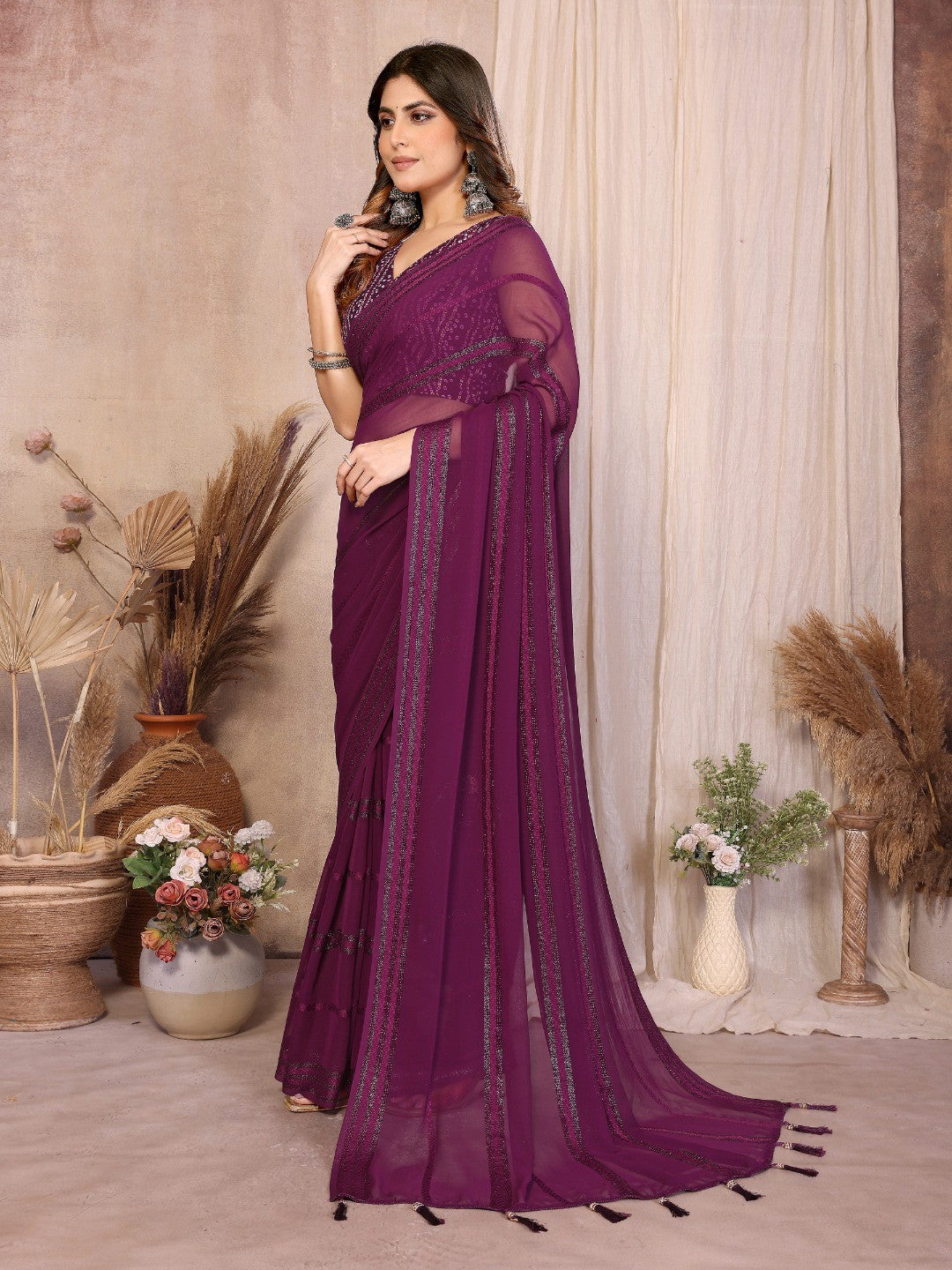 Elegant Wine Zari Striped Weaving Georgette Saree Highlighted With Tassel Pallu - Image 4