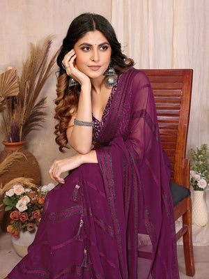 Elegant Wine Zari Striped Weaving Georgette Saree Highlighted With Tassel Pallu - Image 2