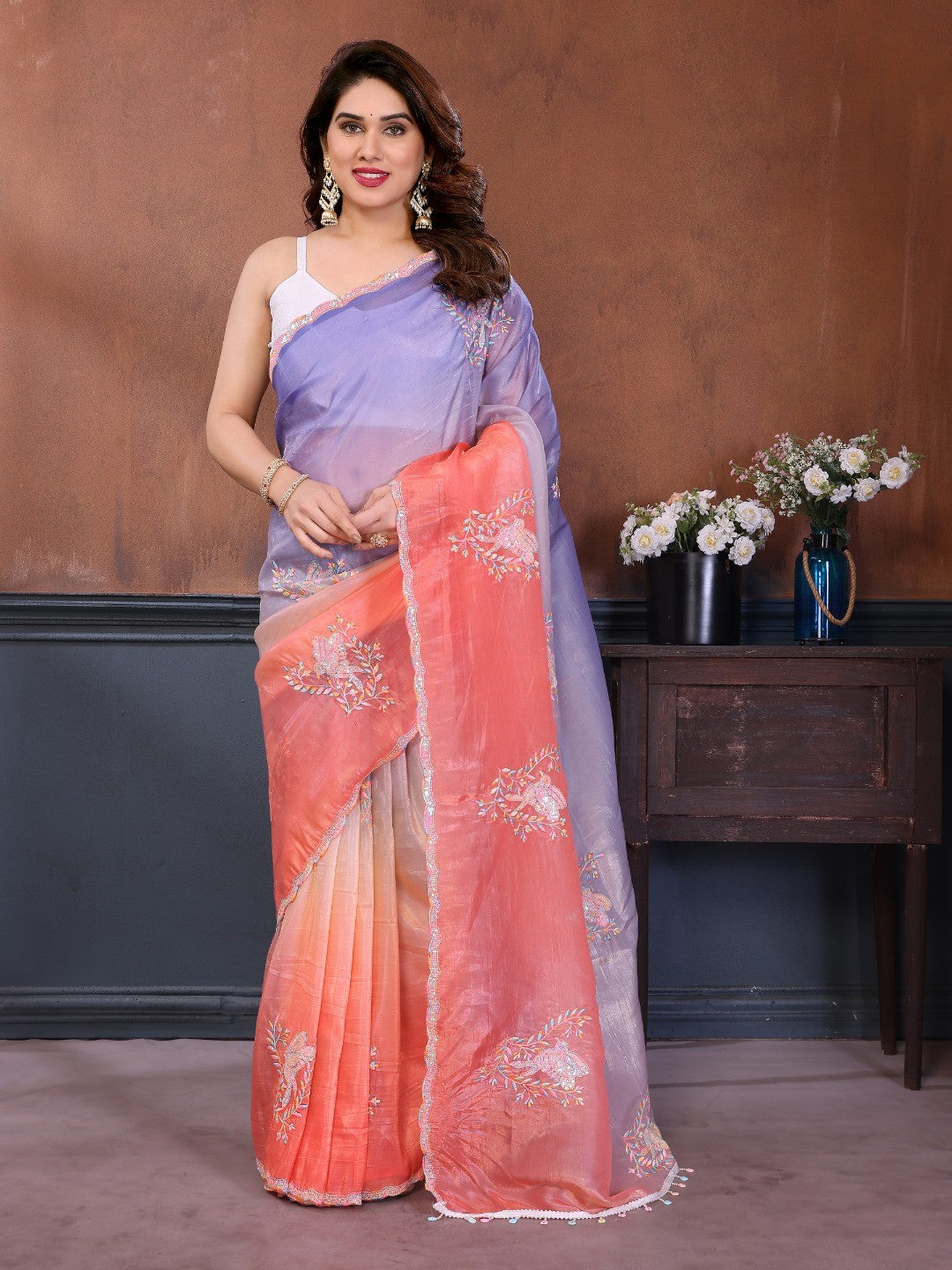 Peach & Lavender Ombre Georgette Silk Saree With Artistic Bird Motif Sequins Embroidery Work - Image 1
