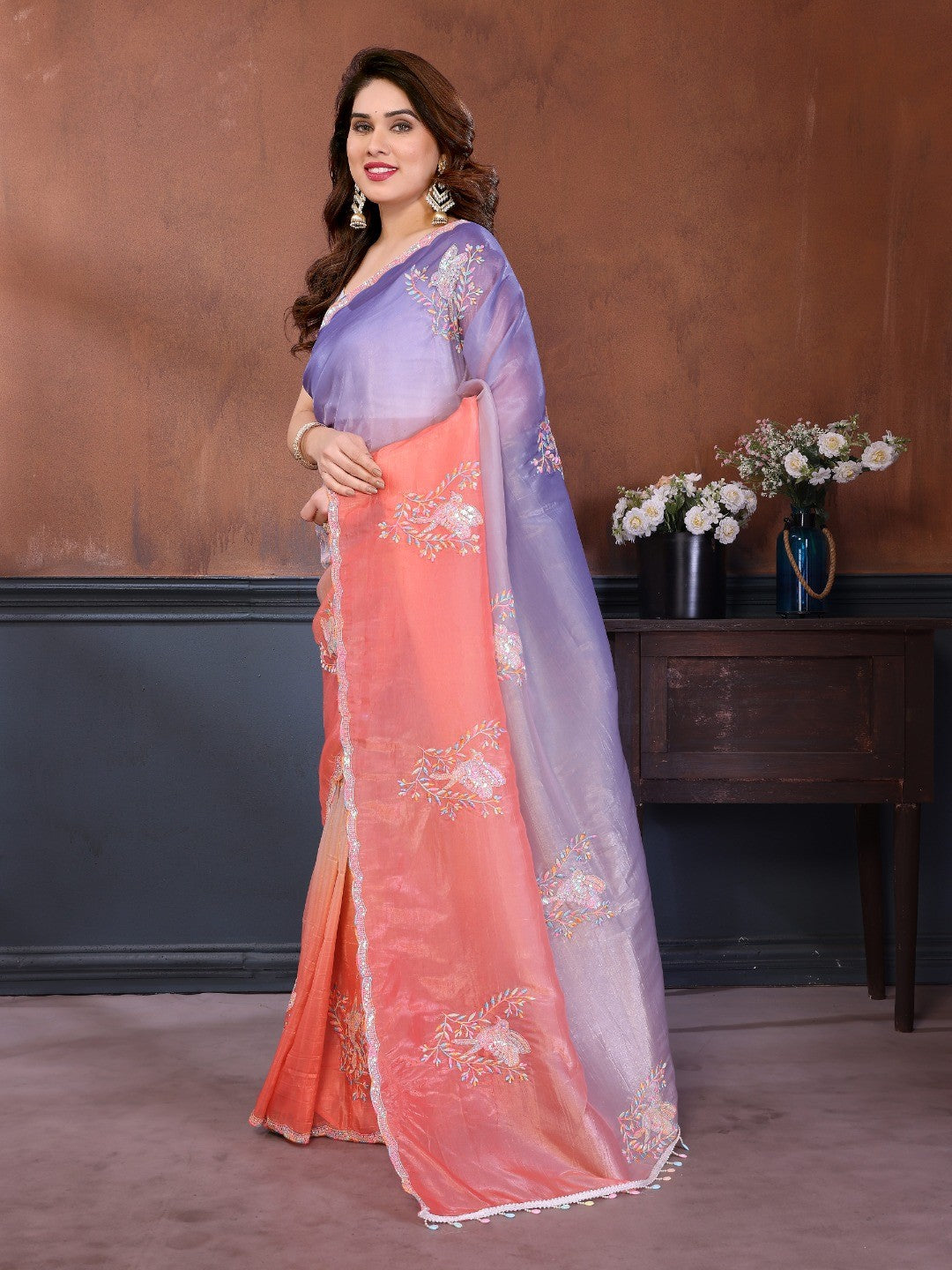 Peach & Lavender Ombre Georgette Silk Saree With Artistic Bird Motif Sequins Embroidery Work - Image 5