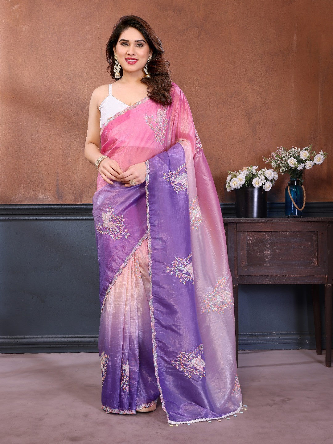 Pink & Lavender Ombre Georgette Silk Saree With Artistic Bird Motif Sequins Embroidery Work - Image 1