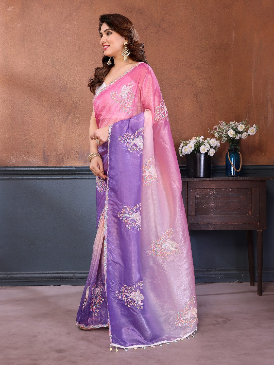 Pink & Lavender Ombre Georgette Silk Saree With Artistic Bird Motif Sequins Embroidery Work - Image 3