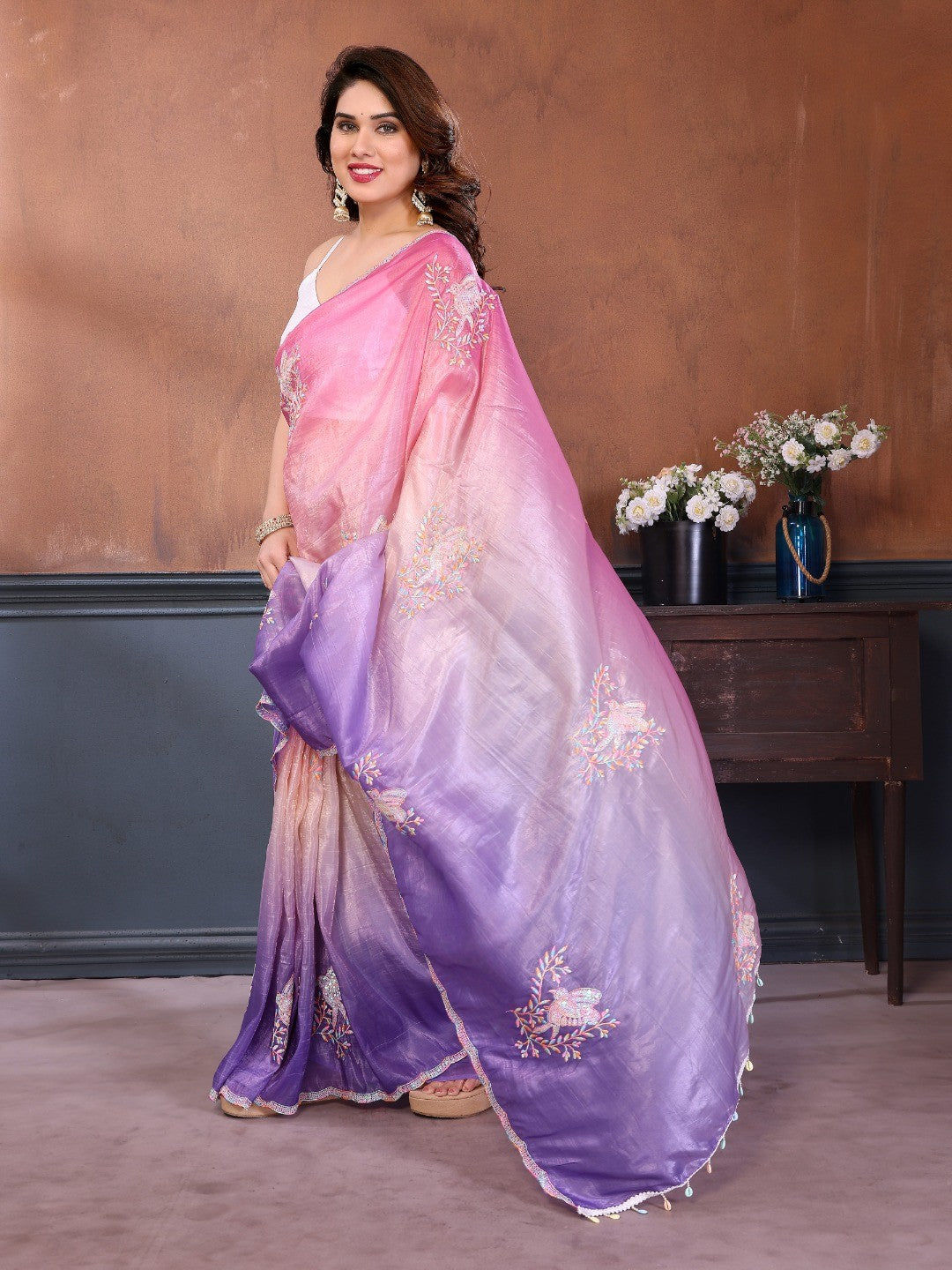 Pink & Lavender Ombre Georgette Silk Saree With Artistic Bird Motif Sequins Embroidery Work - Image 5