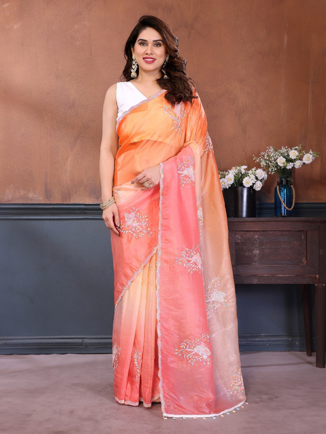 Pink & Orange Ombre Georgette Silk Saree With Artistic Bird Motif Sequins Embroidery Work - Image 1