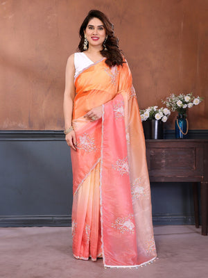 Pink & Orange Ombre Georgette Silk Saree With Artistic Bird Motif Sequins Embroidery Work - Image 1