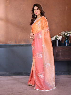 Pink & Orange Ombre Georgette Silk Saree With Artistic Bird Motif Sequins Embroidery Work - Image 2