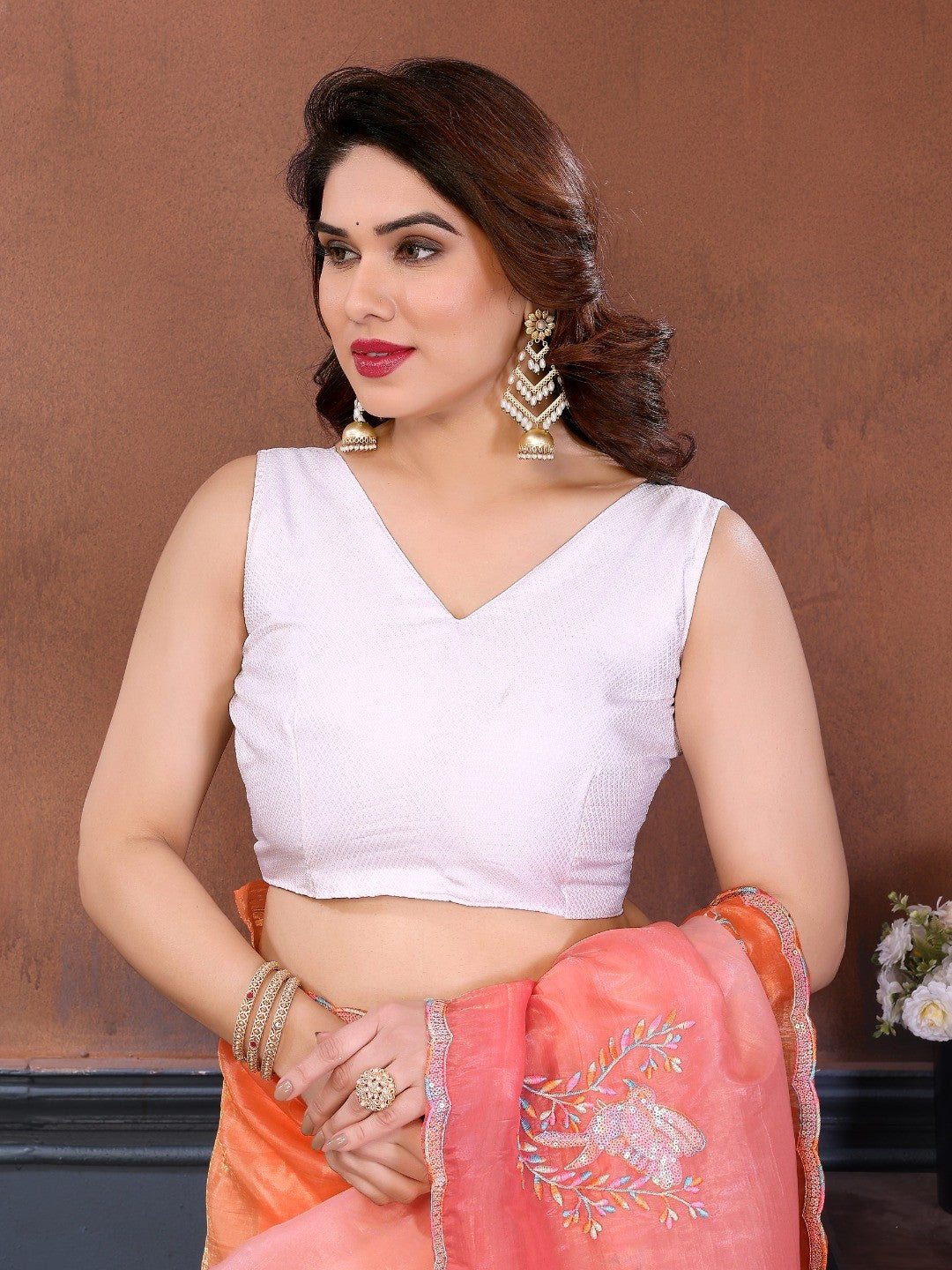Pink & Orange Ombre Georgette Silk Saree With Artistic Bird Motif Sequins Embroidery Work - Image 3