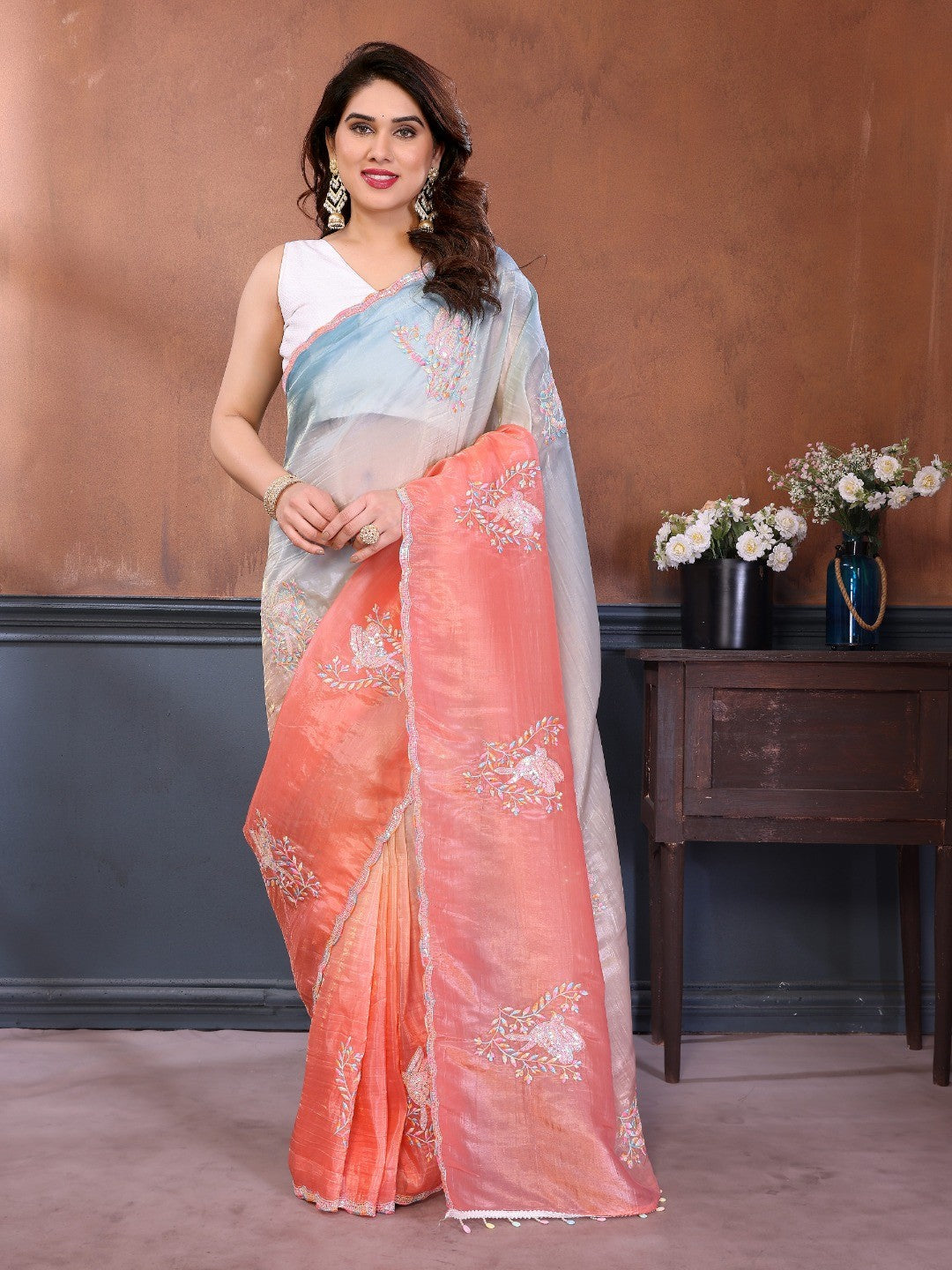 Blue & Peach Ombre Georgette Silk Saree With Artistic Bird Motif Sequins Embroidery Work - Image 1