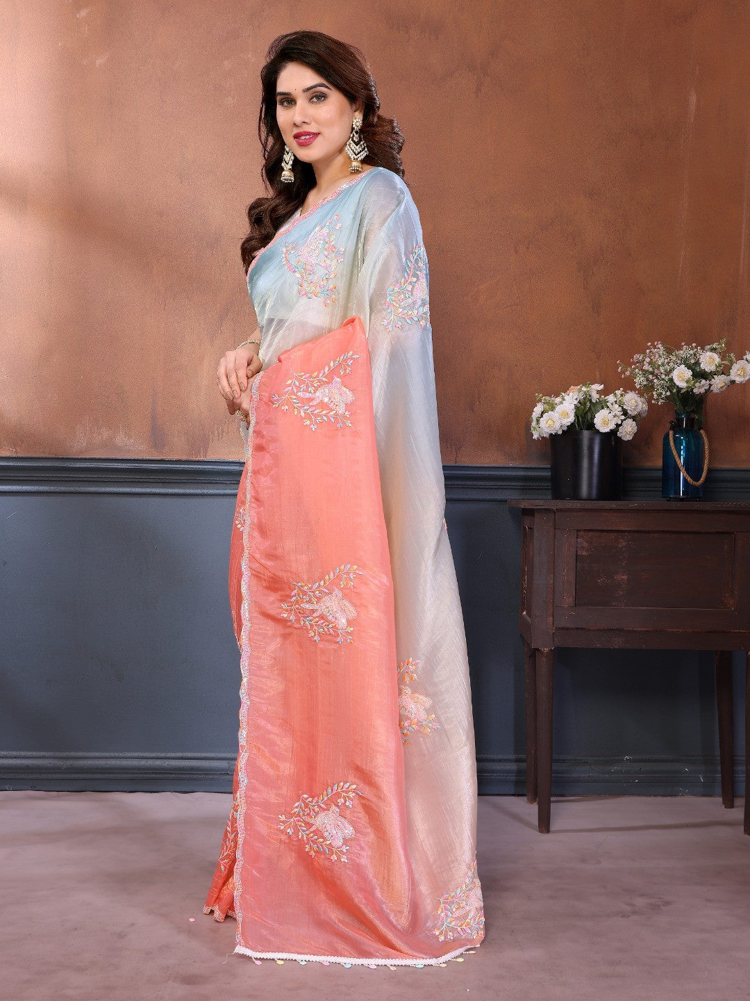 Blue & Peach Ombre Georgette Silk Saree With Artistic Bird Motif Sequins Embroidery Work - Image 5