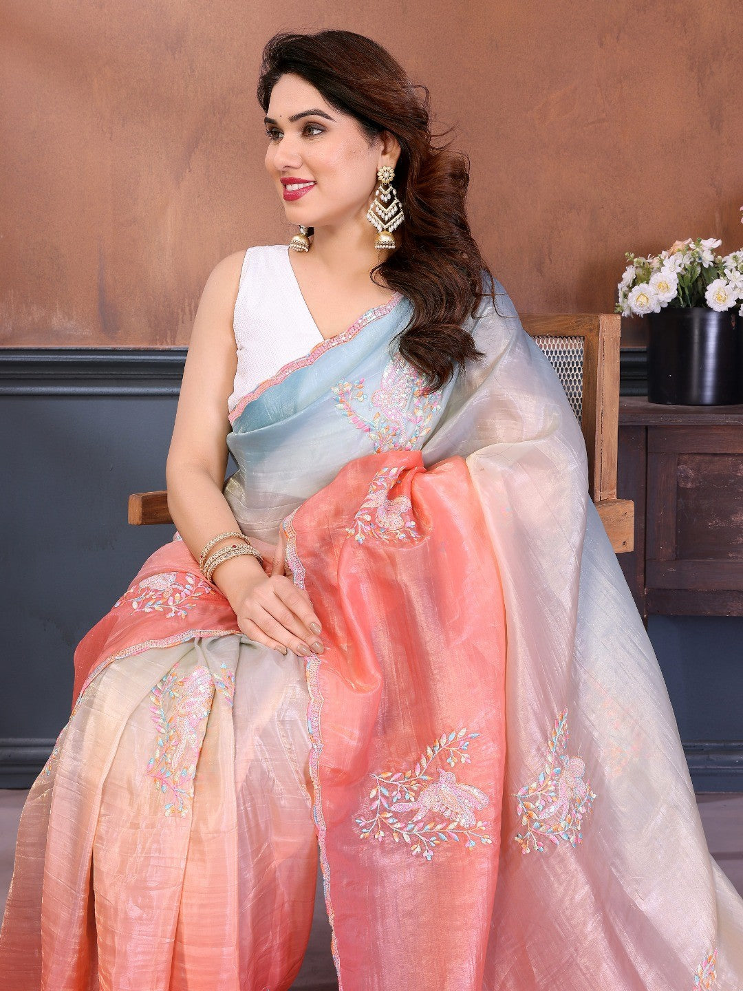 Blue & Peach Ombre Georgette Silk Saree With Artistic Bird Motif Sequins Embroidery Work - Image 3