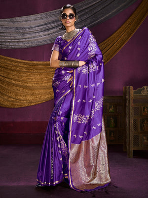 Majestic Royal Purple Floral Weaving Work Satin Saree Featuring Designer Tassels Pallu - Image 1