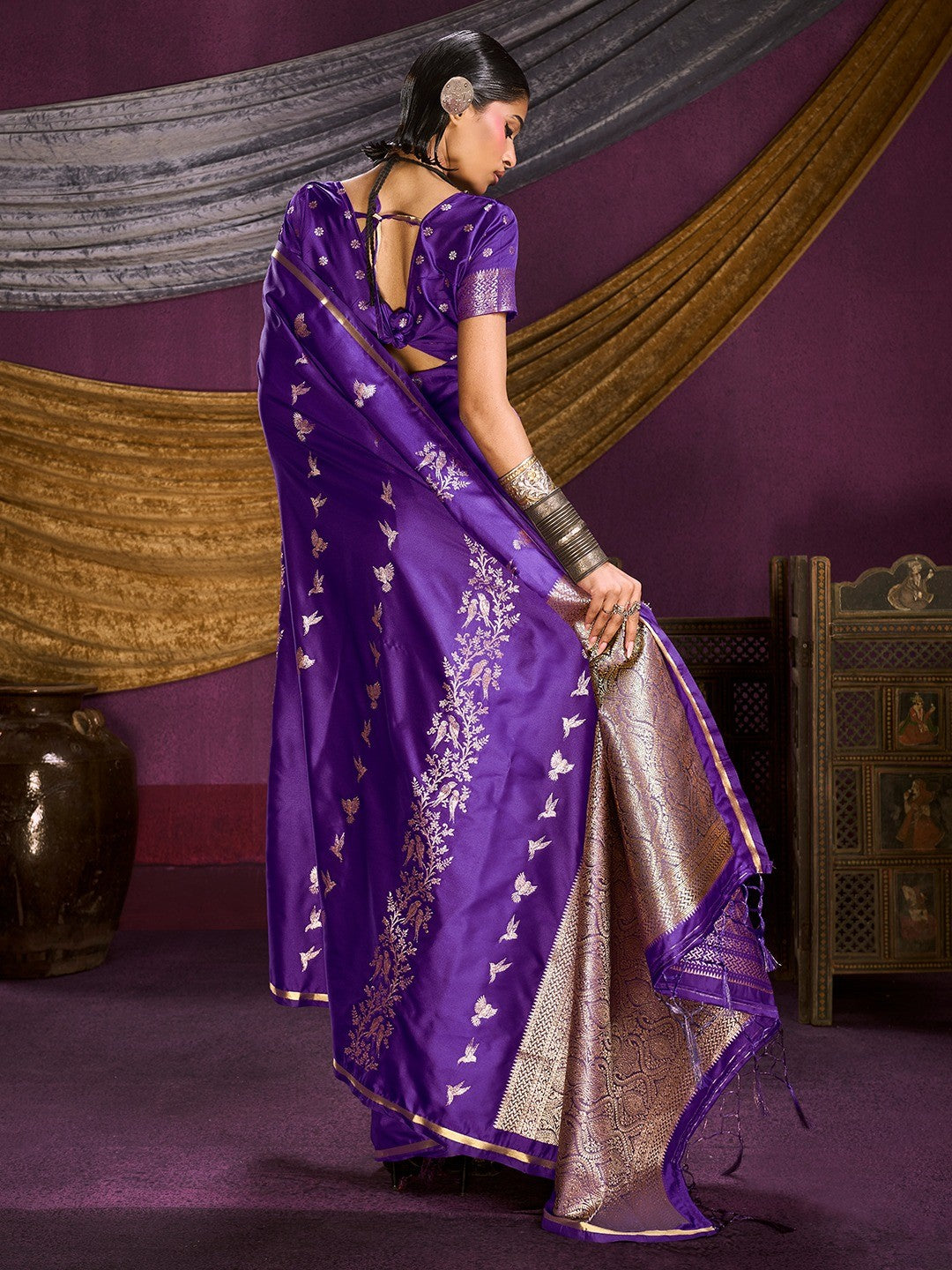 Majestic Royal Purple Floral Weaving Work Satin Saree Featuring Designer Tassels Pallu - Image 3