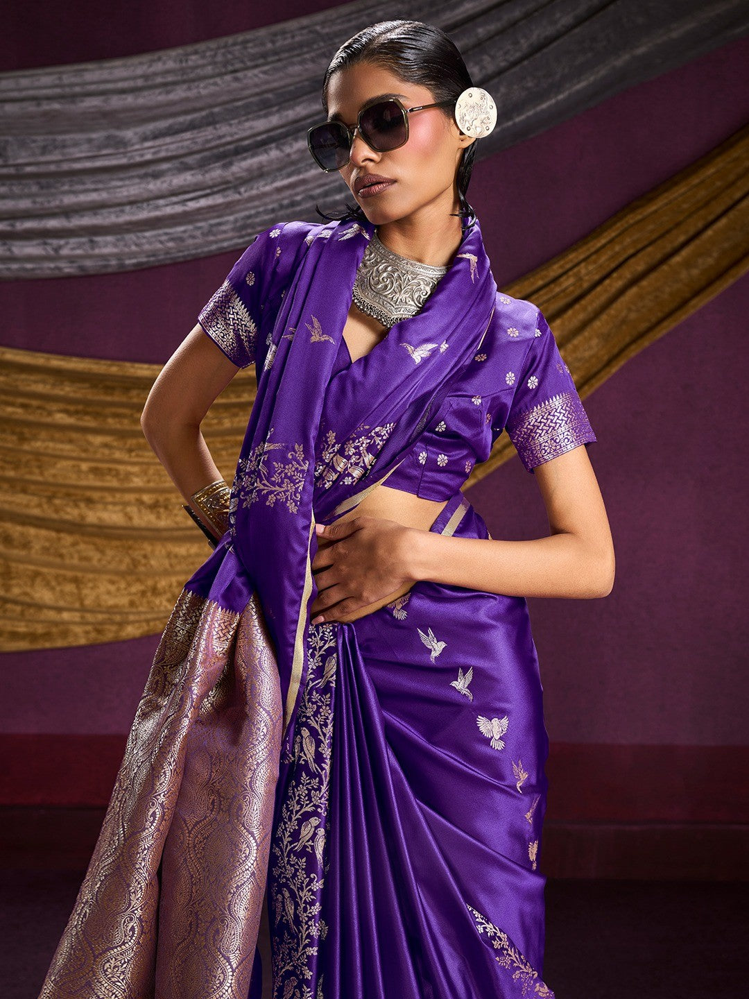 Majestic Royal Purple Floral Weaving Work Satin Saree Featuring Designer Tassels Pallu - Image 5