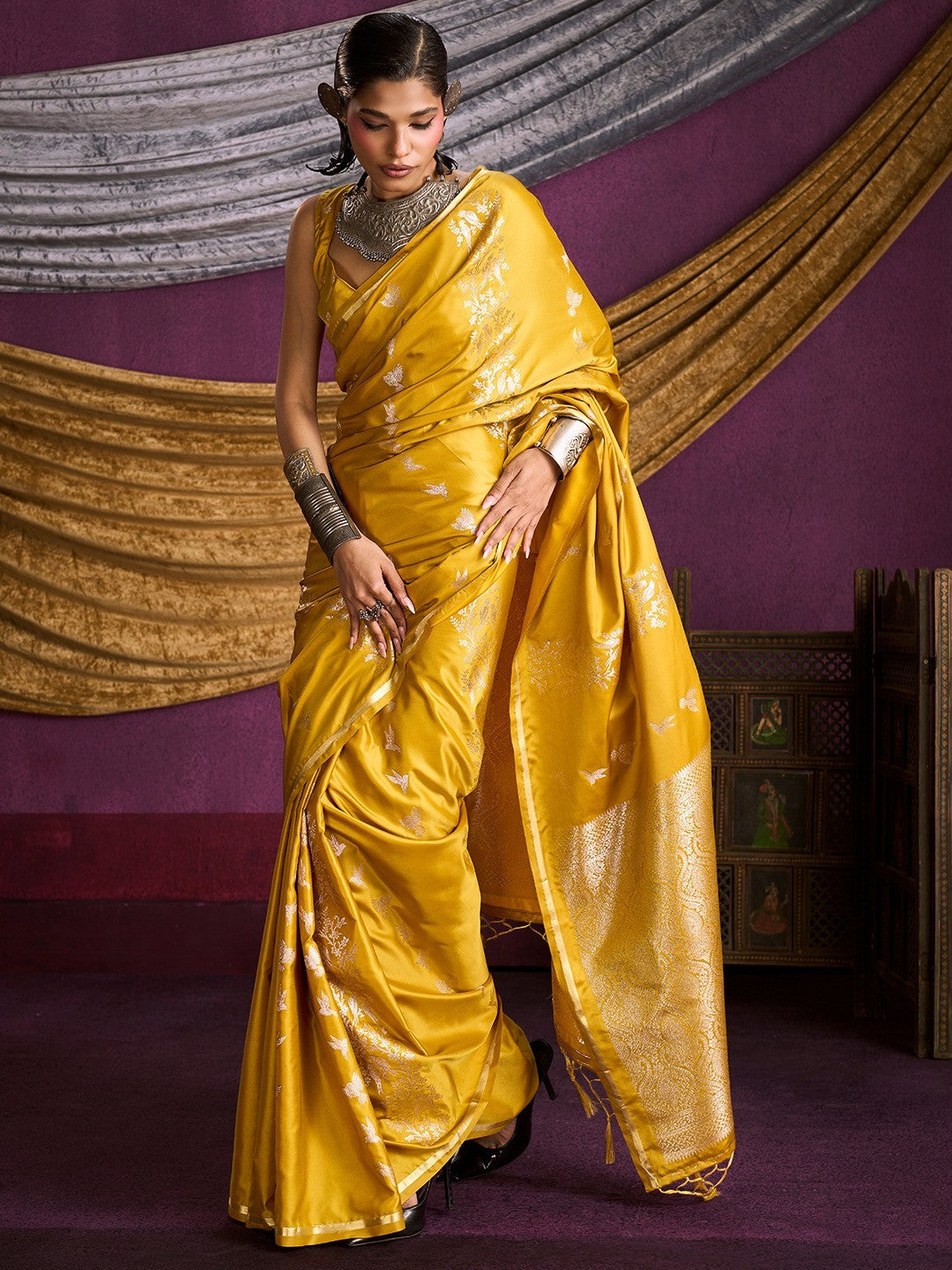 Majestic Mustard Floral Weaving Work Satin Saree Featuring Designer Tassels Pallu - Image 5
