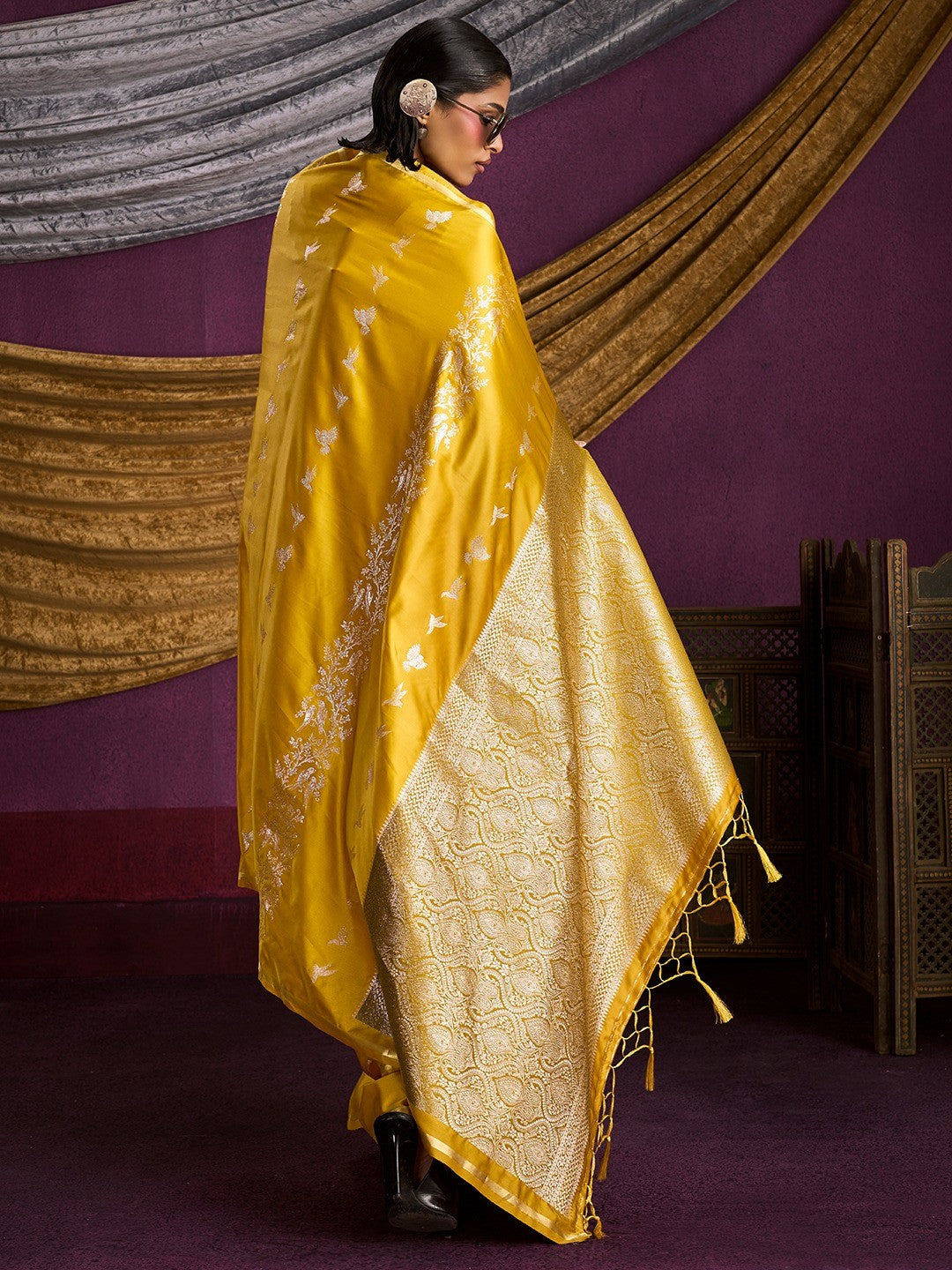 Majestic Mustard Floral Weaving Work Satin Saree Featuring Designer Tassels Pallu - Image 4