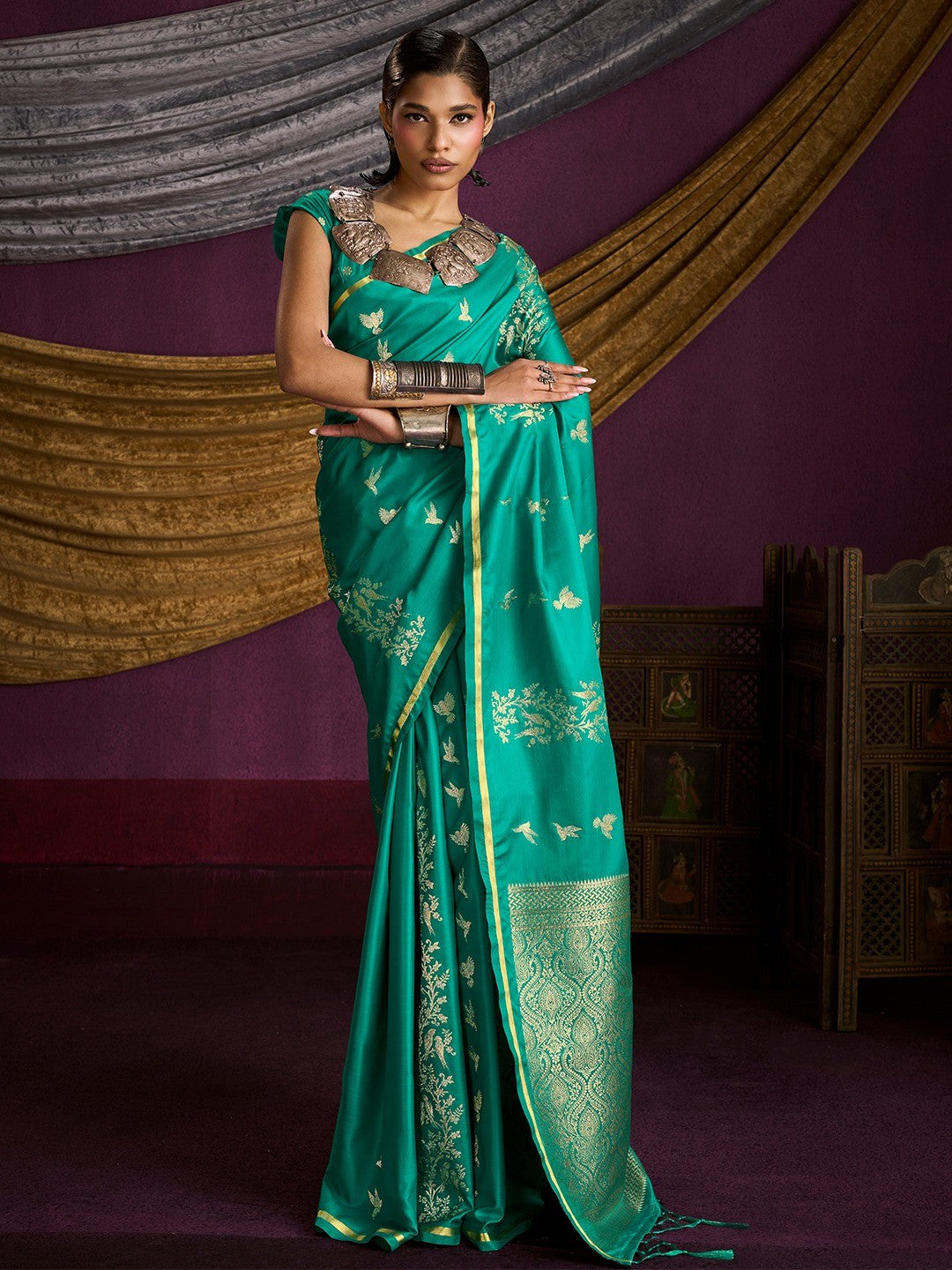 Majestic Rama Green Floral Weaving Work Satin Saree Featuring Designer Tassels Pallu - Image 3