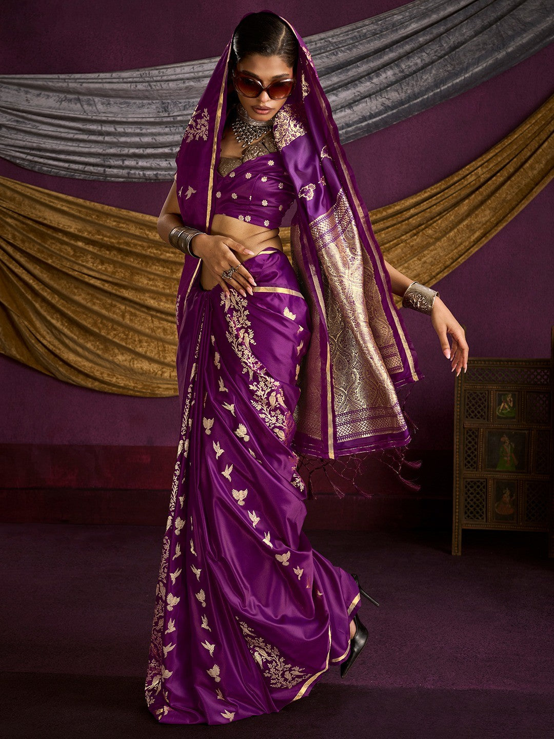 Majestic Wine Floral Weaving Work Satin Saree Featuring Designer Tassels Pallu - Image 3