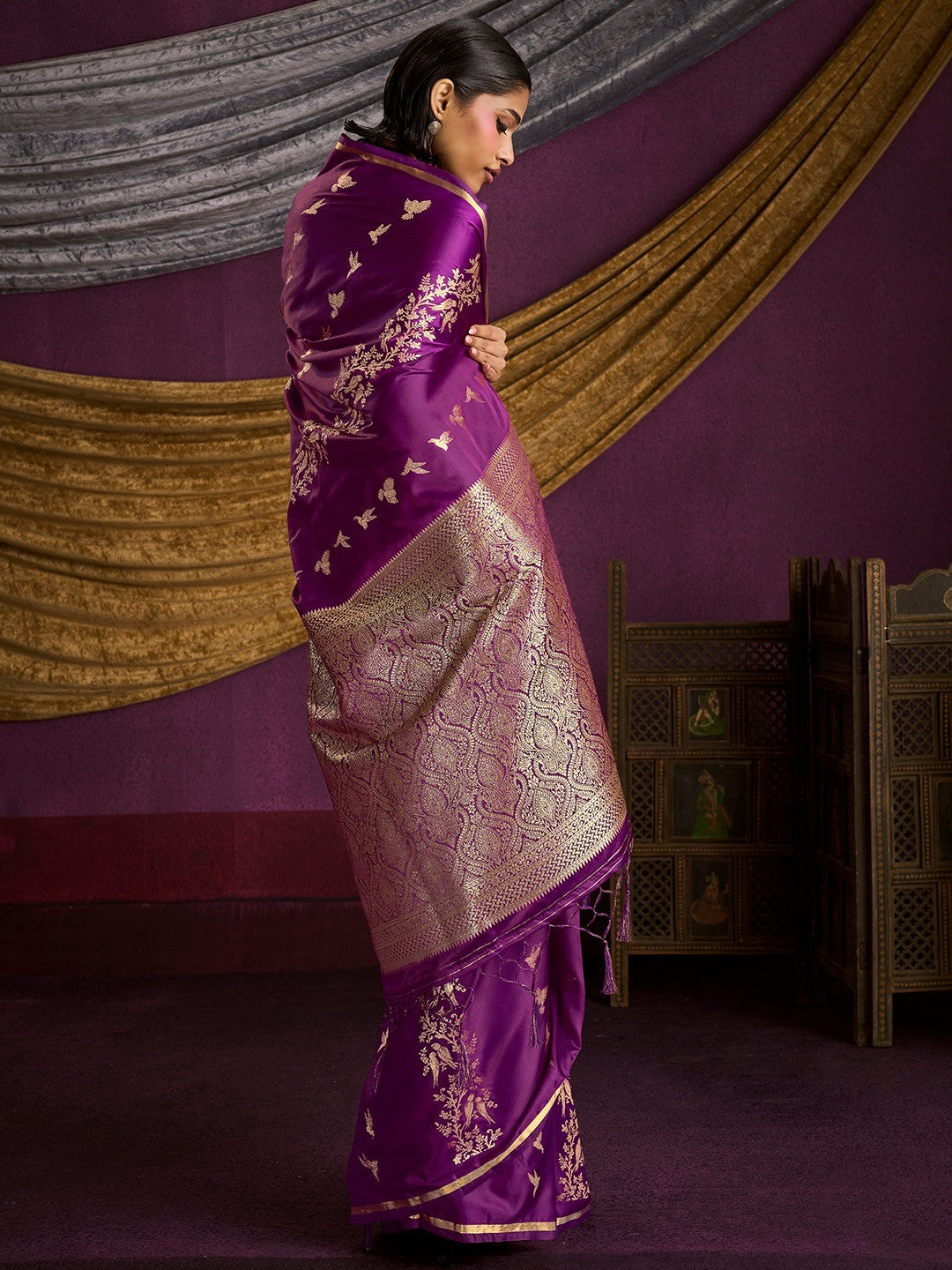 Majestic Wine Floral Weaving Work Satin Saree Featuring Designer Tassels Pallu - Image 2