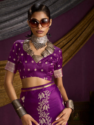 Majestic Wine Floral Weaving Work Satin Saree Featuring Designer Tassels Pallu - Image 2