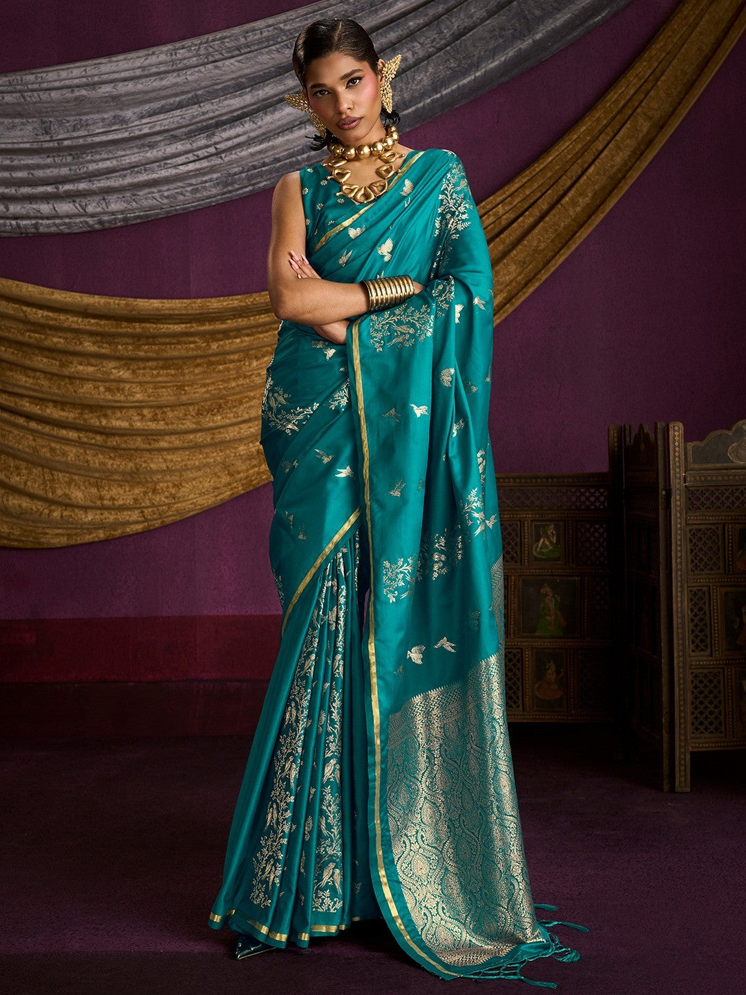 Majestic Teal Floral Weaving Work Satin Saree Featuring Designer Tassels Pallu - Image 1