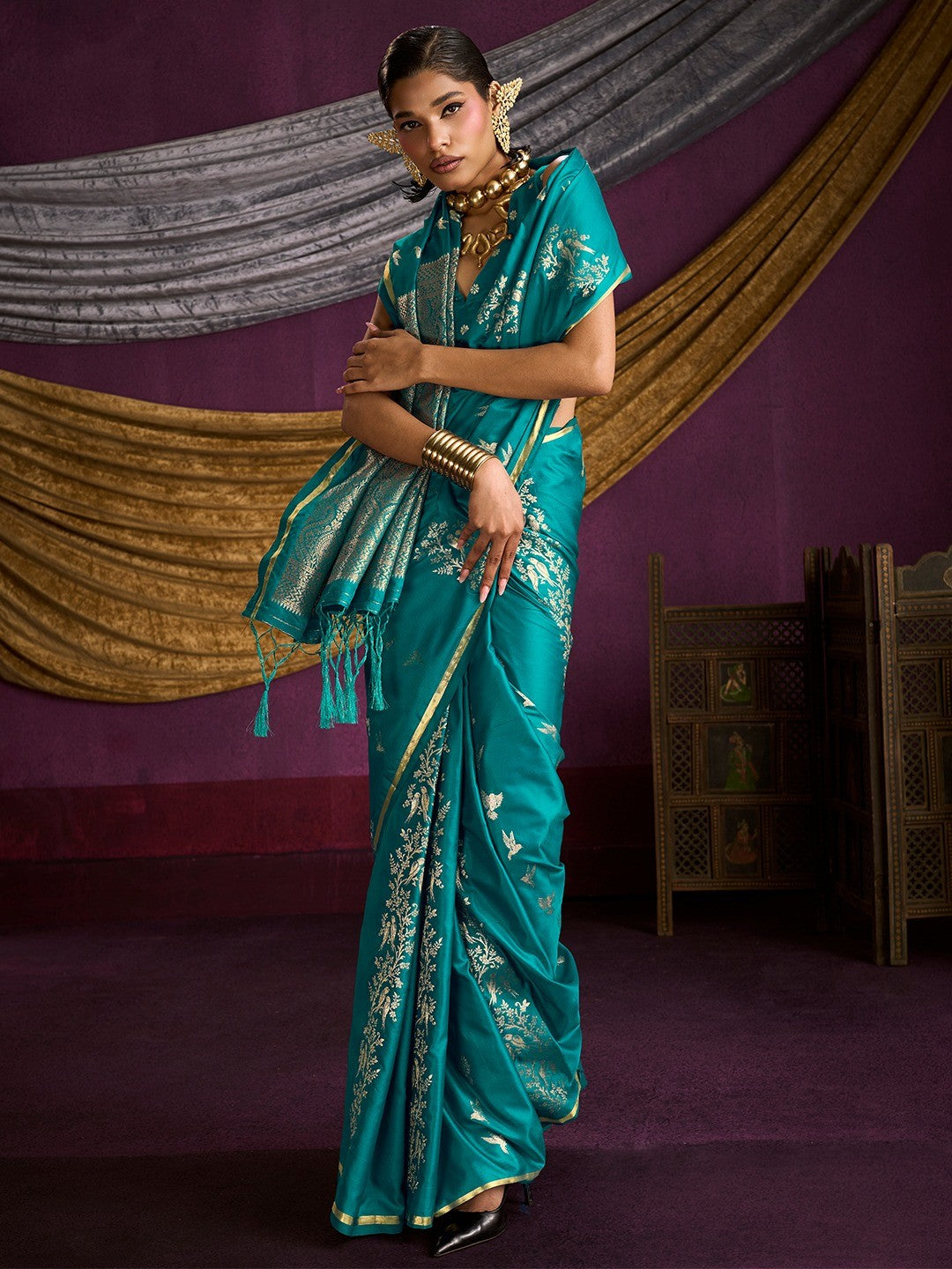Majestic Teal Floral Weaving Work Satin Saree Featuring Designer Tassels Pallu - Image 2