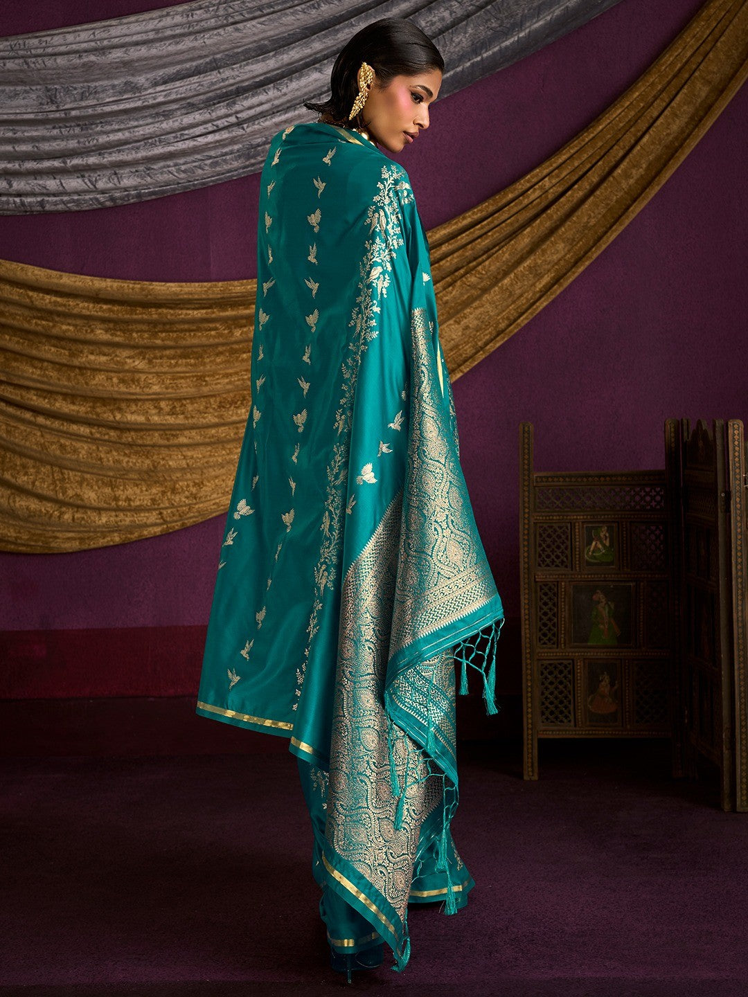 Majestic Teal Floral Weaving Work Satin Saree Featuring Designer Tassels Pallu - Image 3