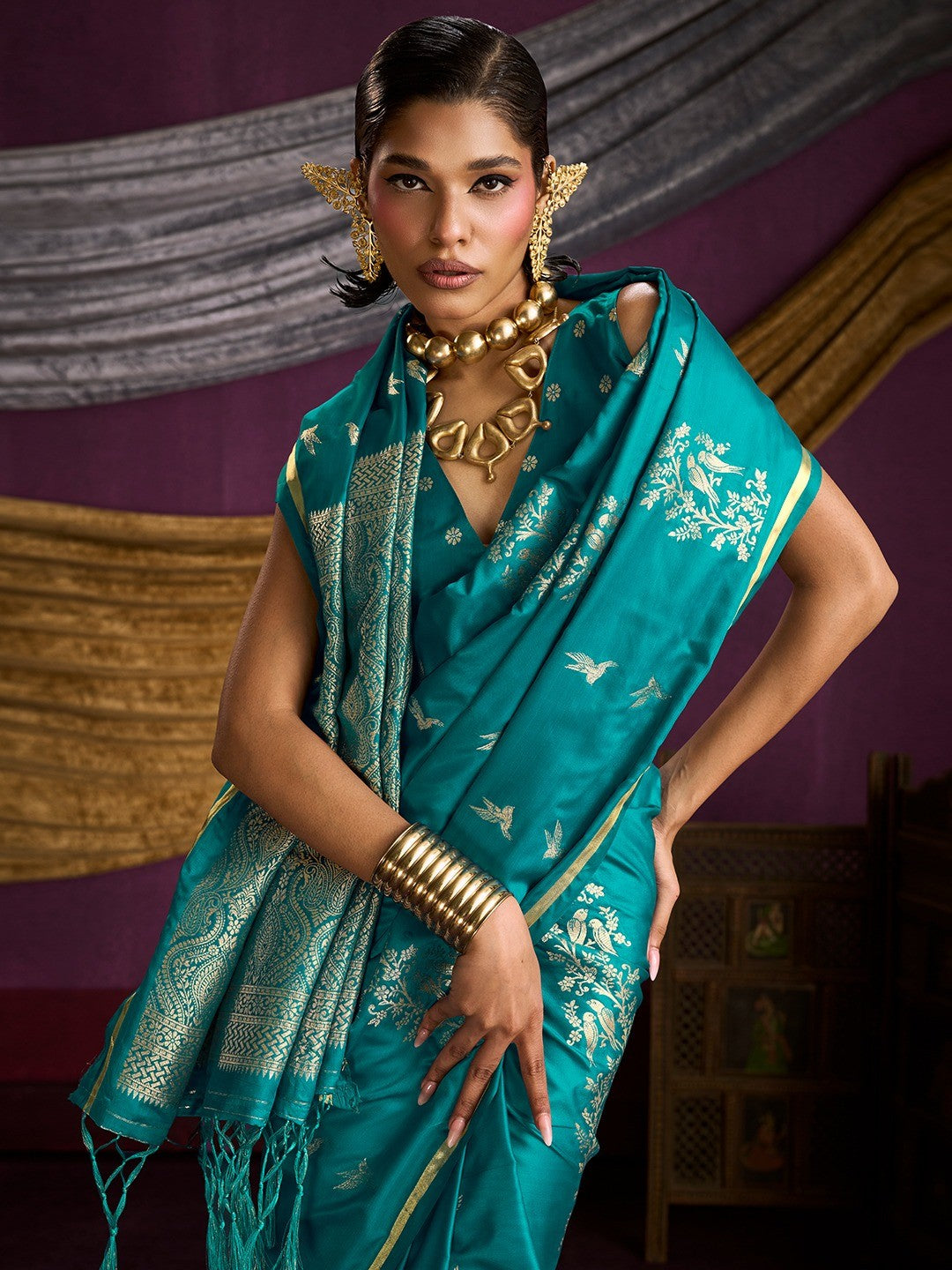 Majestic Teal Floral Weaving Work Satin Saree Featuring Designer Tassels Pallu - Image 3