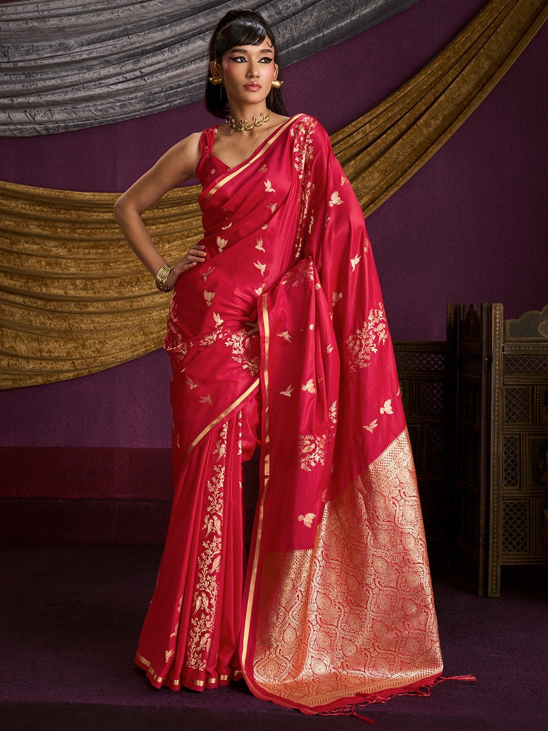 Majestic Crimson Red Floral Weaving Work Satin Saree Featuring Designer Tassels Pallu - Image 1