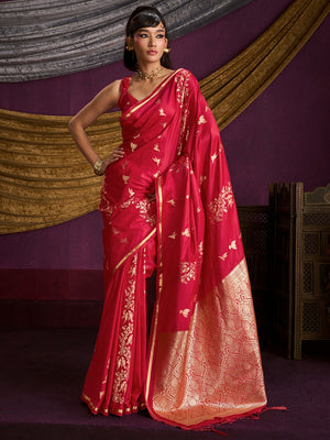 Majestic Crimson Red Floral Weaving Work Satin Saree Featuring Designer Tassels Pallu - Image 1