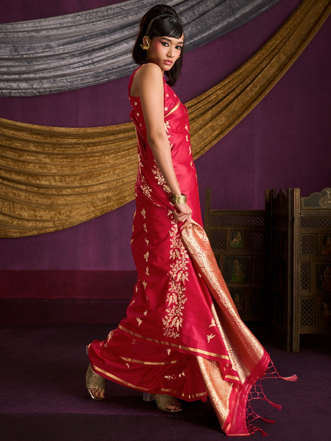 Majestic Crimson Red Floral Weaving Work Satin Saree Featuring Designer Tassels Pallu - Image 4