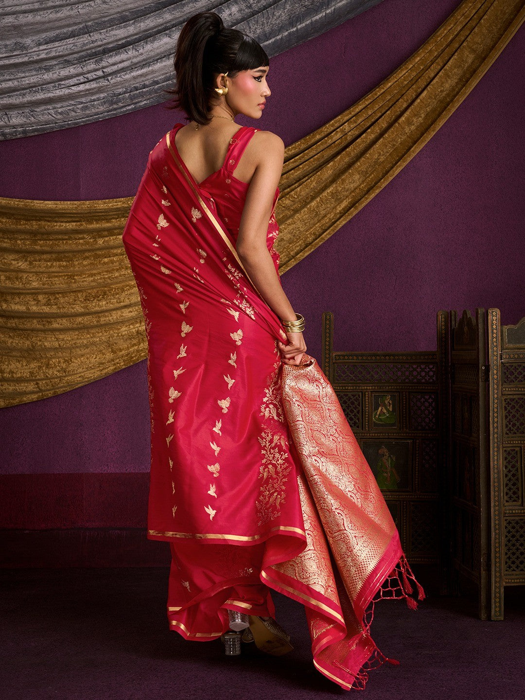 Majestic Crimson Red Floral Weaving Work Satin Saree Featuring Designer Tassels Pallu - Image 3