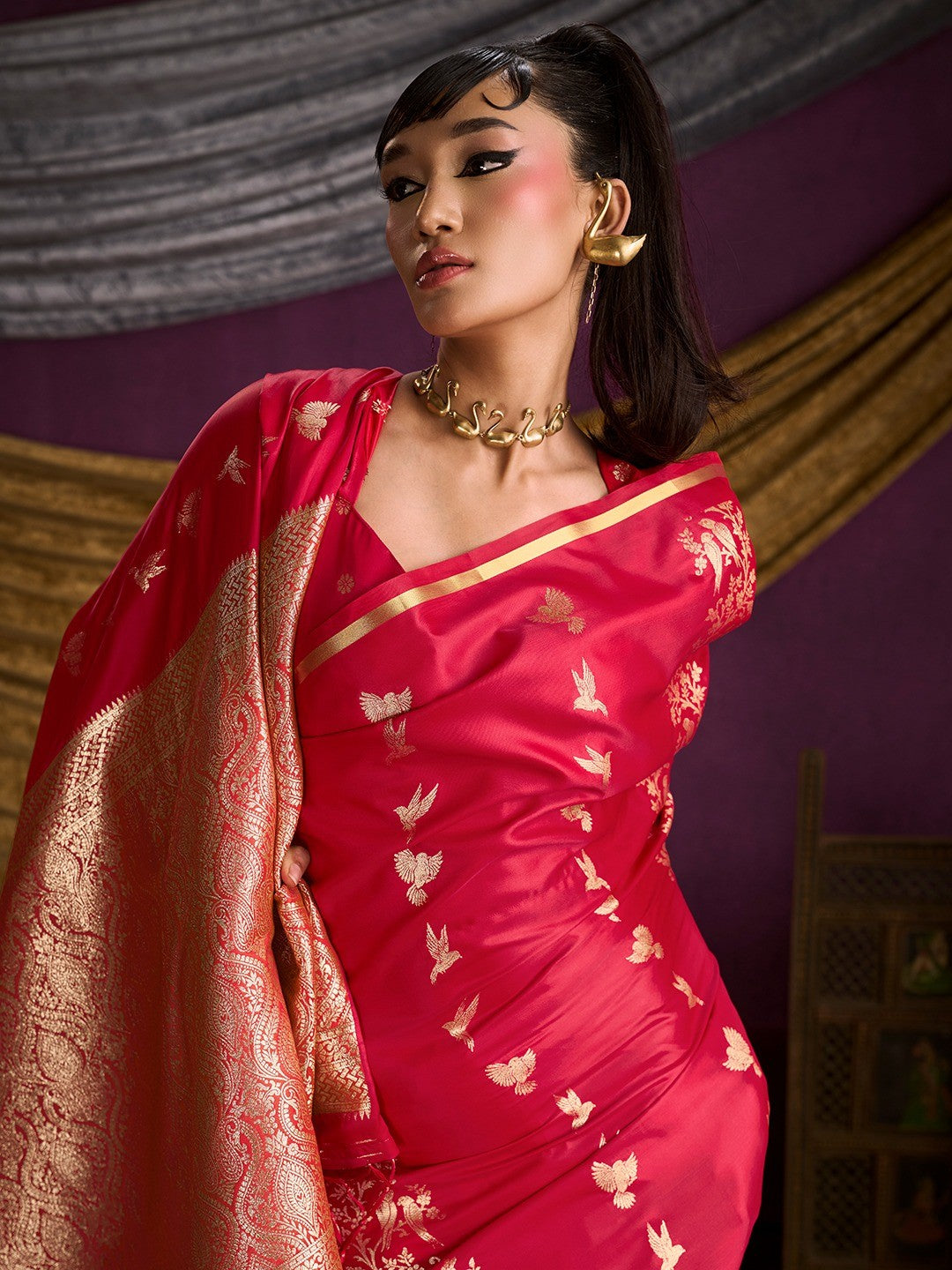 Majestic Crimson Red Floral Weaving Work Satin Saree Featuring Designer Tassels Pallu - Image 5