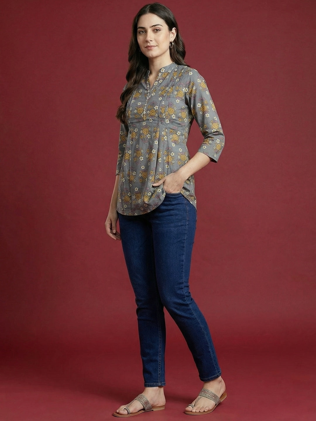 Grey Floral Printed Pure Cotton A-Line Top with Breathable Comfortable Fabric - Image 4