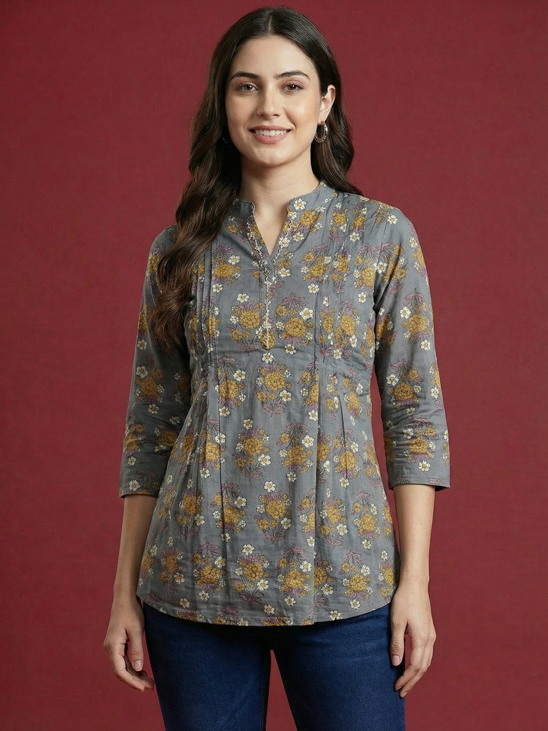 Grey Floral Printed Pure Cotton A-Line Top with Breathable Comfortable Fabric - Image 3