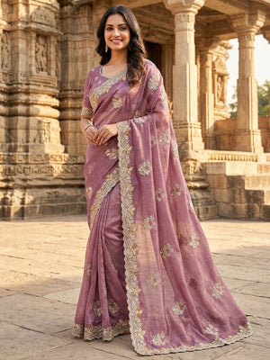 Mauve Shimmer Saree with Embroidered Floral Design and Detailed Craft Finish - Image 1