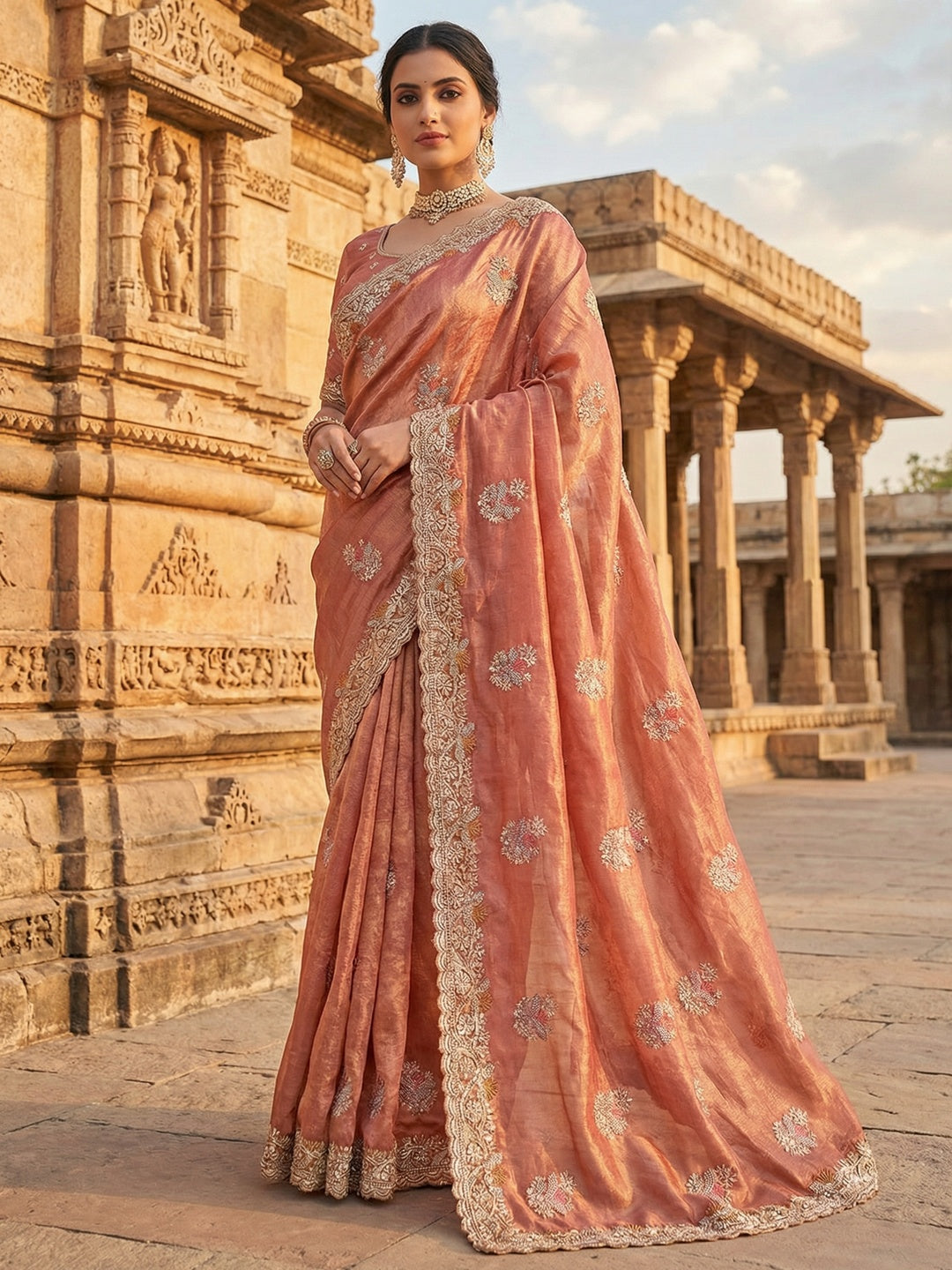 Peach Shimmer Saree with Embroidered Floral Design and Detailed Craft Finish - Image 1