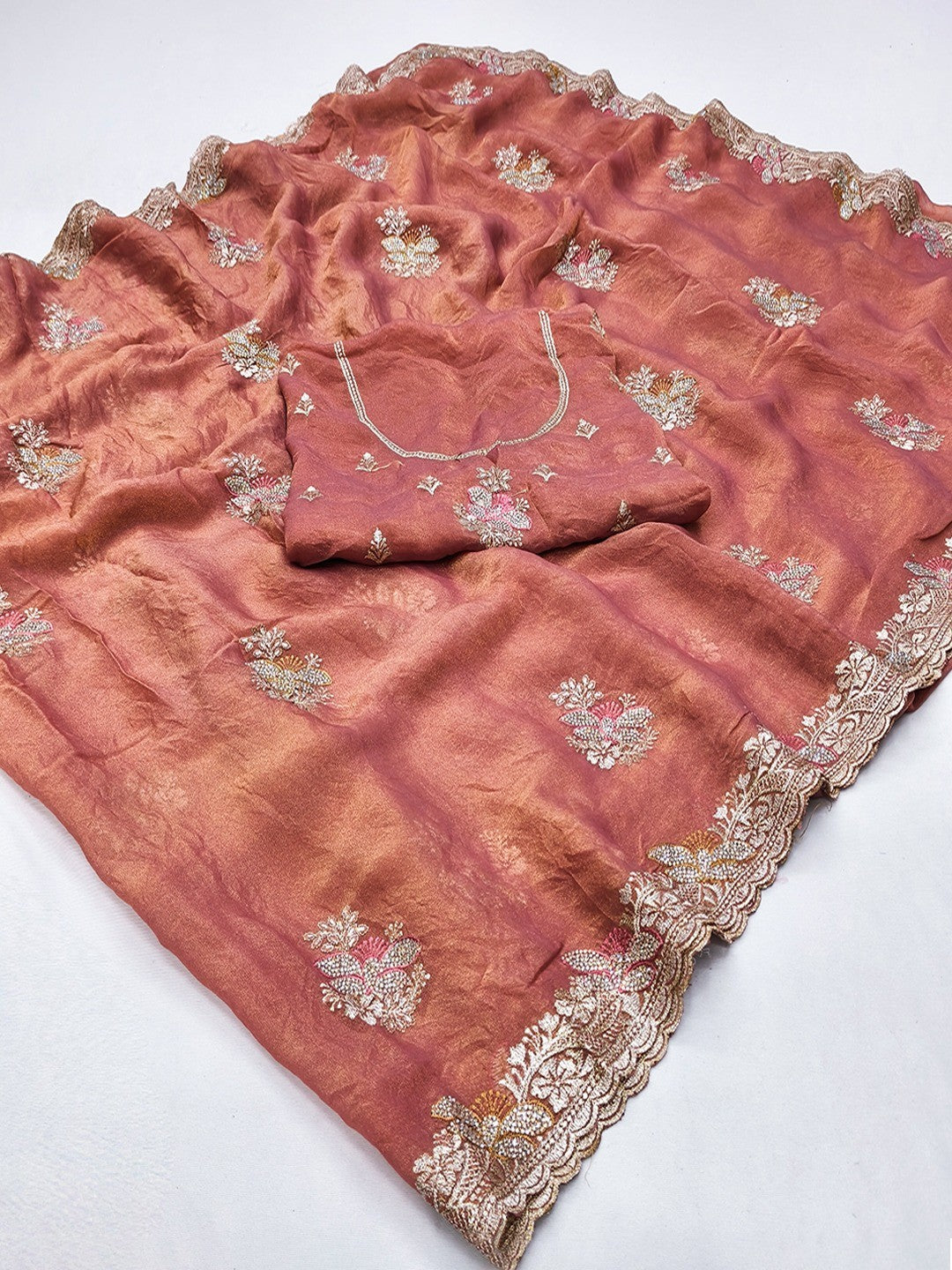 Peach Shimmer Saree with Embroidered Floral Design and Detailed Craft Finish - Image 2