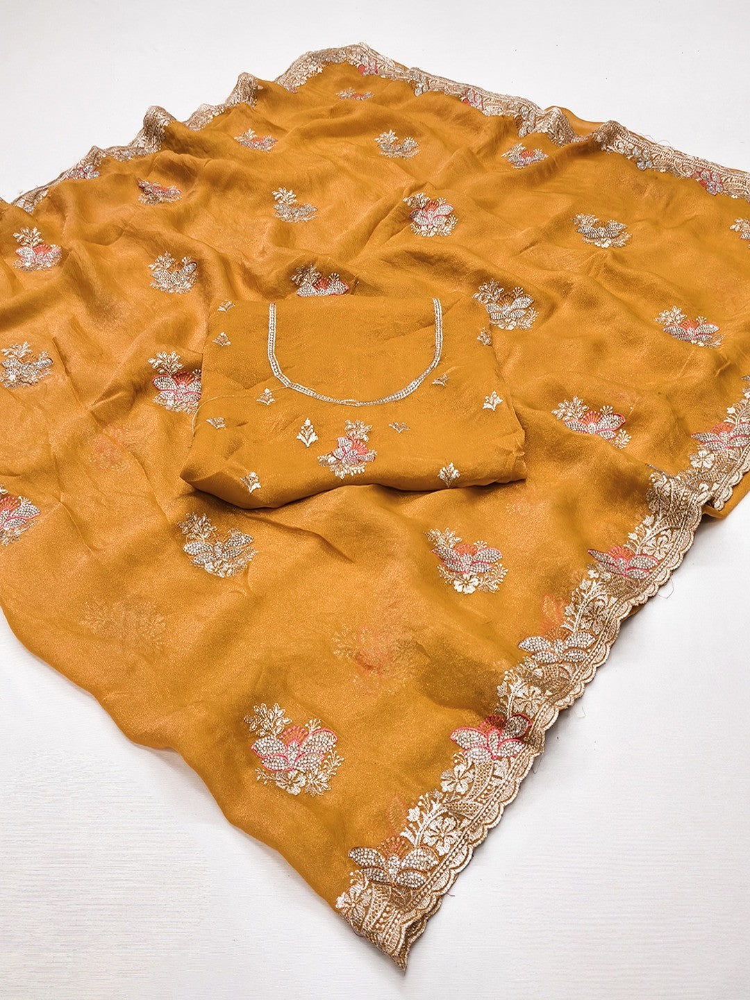 Mustard Shimmer Saree with Embroidered Floral Design and Detailed Craft Finish - Image 2