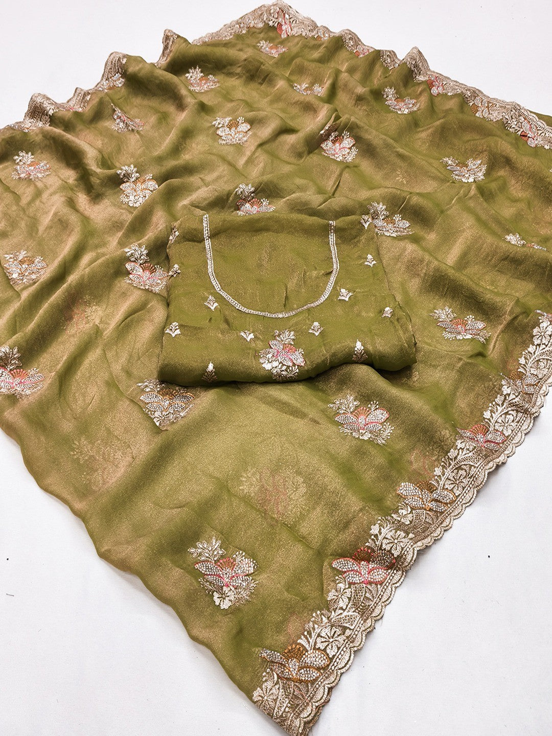 Mehendi Green Shimmer Saree with Embroidered Floral Design and Detailed Craft Finish - Image 2