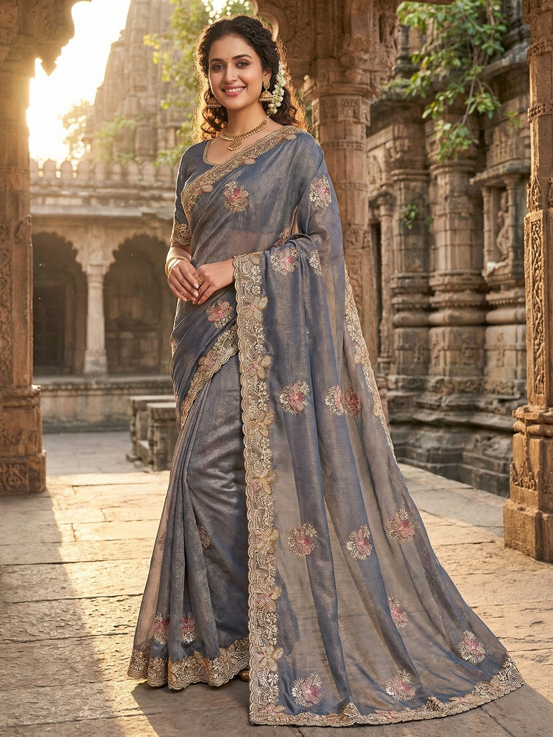 Grey Shimmer Saree with Embroidered Floral Design and Detailed Craft Finish - Image 1